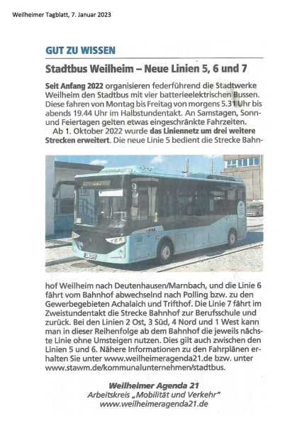 Artikel Weilheimer Tagblatt 7.1.23 - Gut zu Wissen 14: Stadtbus Neue Linien